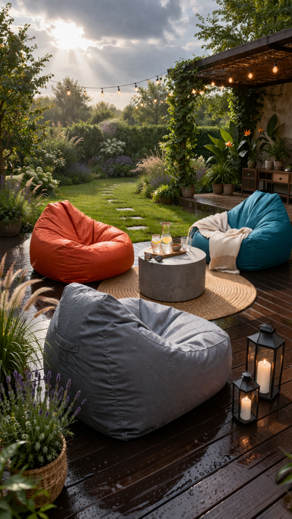 pouf da giardino impermeabili su terrazza in legno bagnata dopo la pioggia, zona relax con luci decorative, piante e atmosfera accogliente