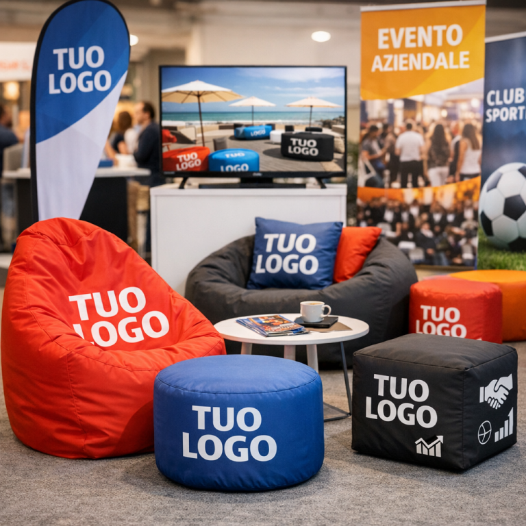 pouf personalizzati con logo per eventi aziendali e branding