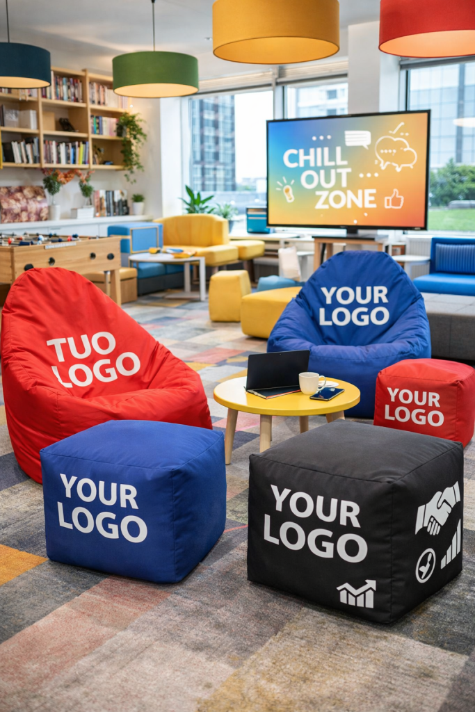 pouf personalizzati con logo in ufficio moderno zona chillout per dipendenti e branding aziendale