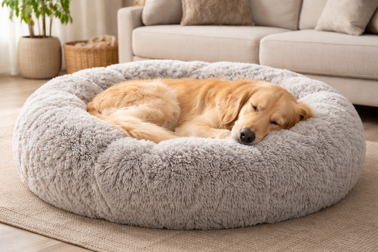 cane che dorme su cuccia pouf morbida e soffice in salotto moderno