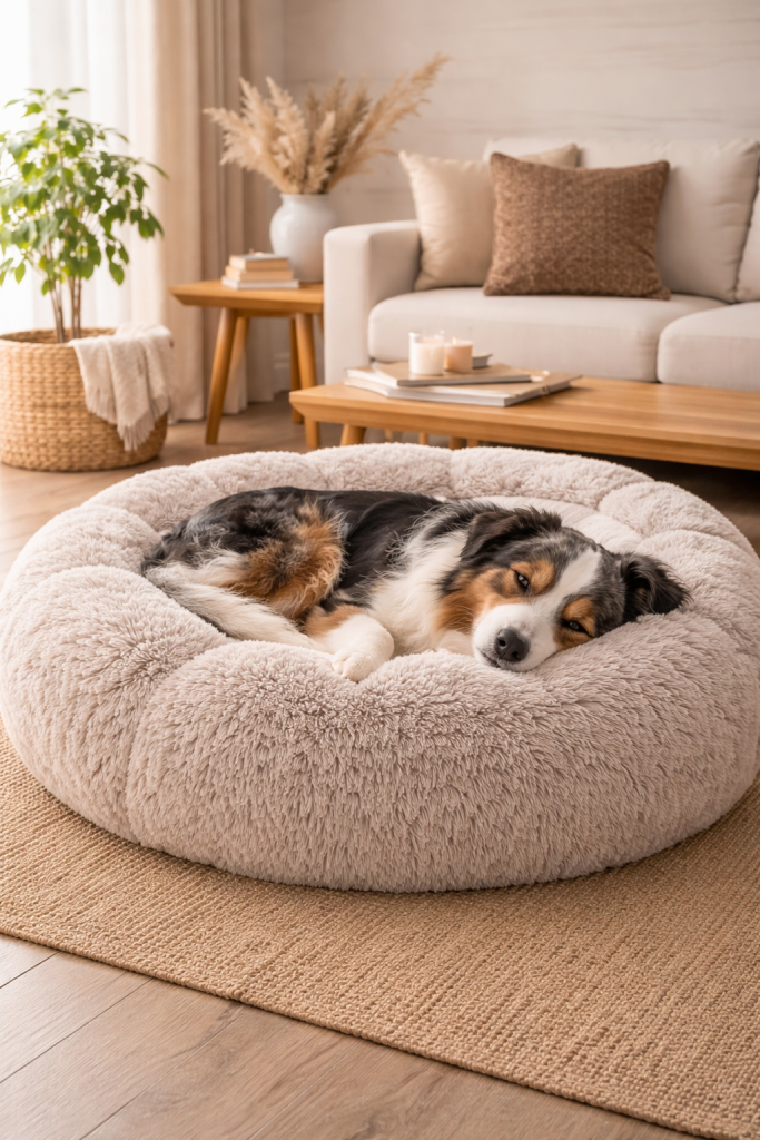 cane australian shepherd che dorme su una morbida cuccia pouf beige in un accogliente soggiorno