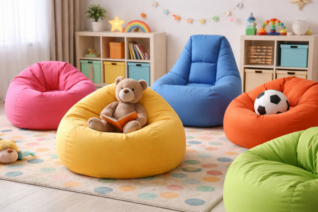 pouf colorato per bambini in cameretta con seduta morbida e sicura