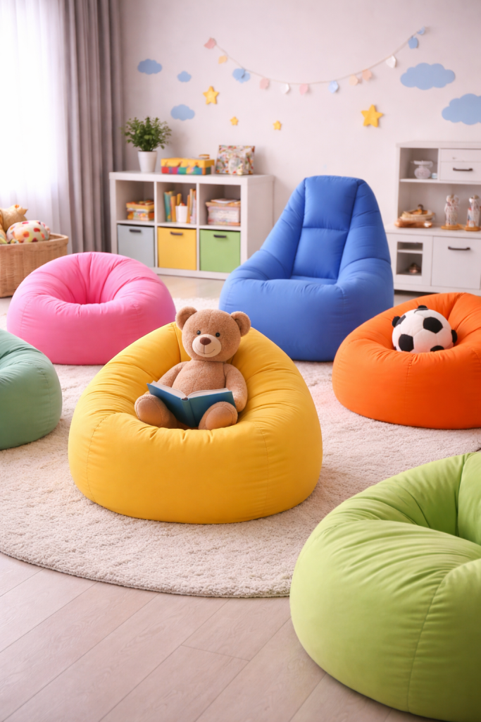 pouf colorati per bambini in cameretta moderna con seduta morbida e area gioco sicura