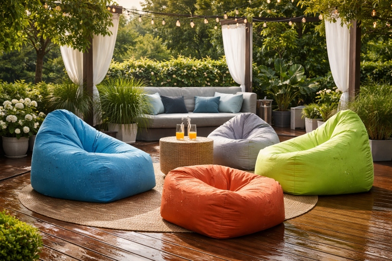 pouf da giardino impermeabili su terrazza in legno dopo la pioggia, area relax con piante e luci decorative