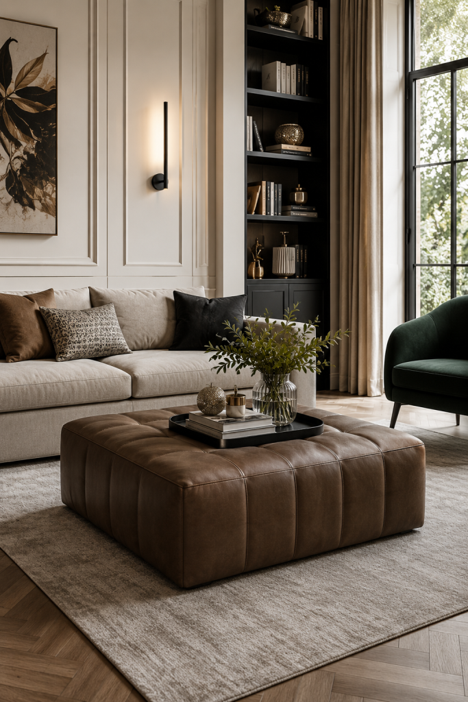 Elegante soggiorno moderno con divano beige, pouf in pelle marrone e libreria nera