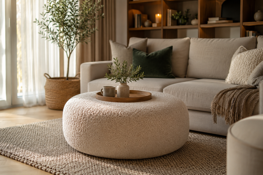Pouf da salotto moderno in bouclé beige in soggiorno elegante