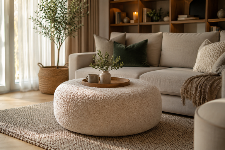 Pouf da salotto moderno in bouclé beige in soggiorno elegante