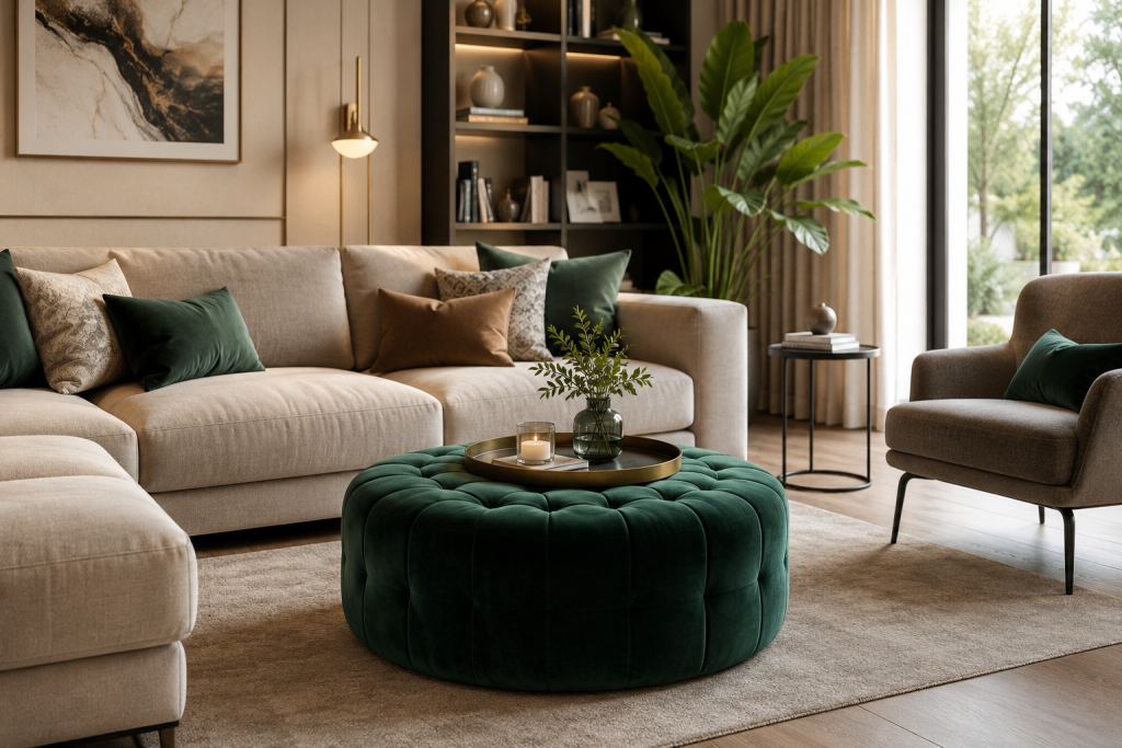 Pouf elegante in velluto verde smeraldo in un soggiorno moderno di lusso