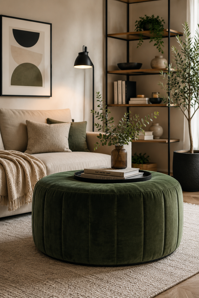 Pouf grande velluto verde in soggiorno moderno