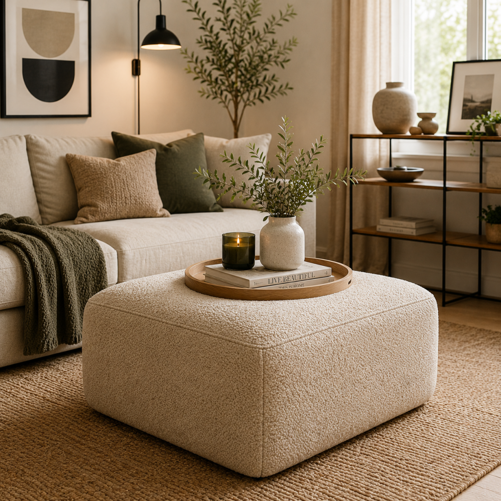 Pouf quadrato in bouclé beige in soggiorno moderno