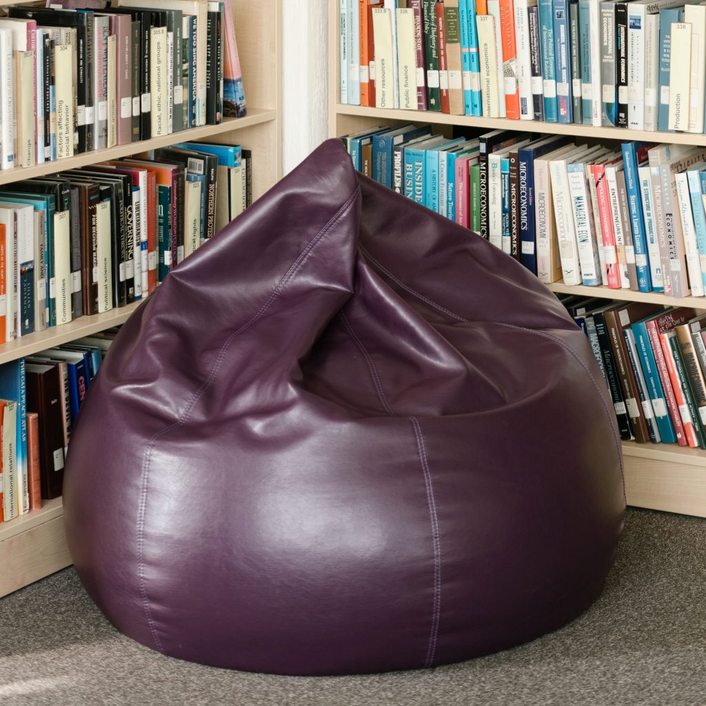 Przytulny kącik biblioteczny z w pełni zaopatrzonymi półkami i wygodnym workiem-fotelem do czytania